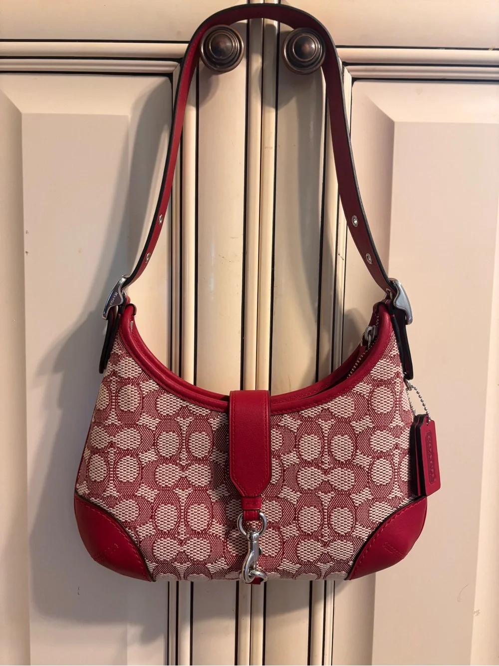 Coach Red and Cream Signature Canvas Shoulder Bag